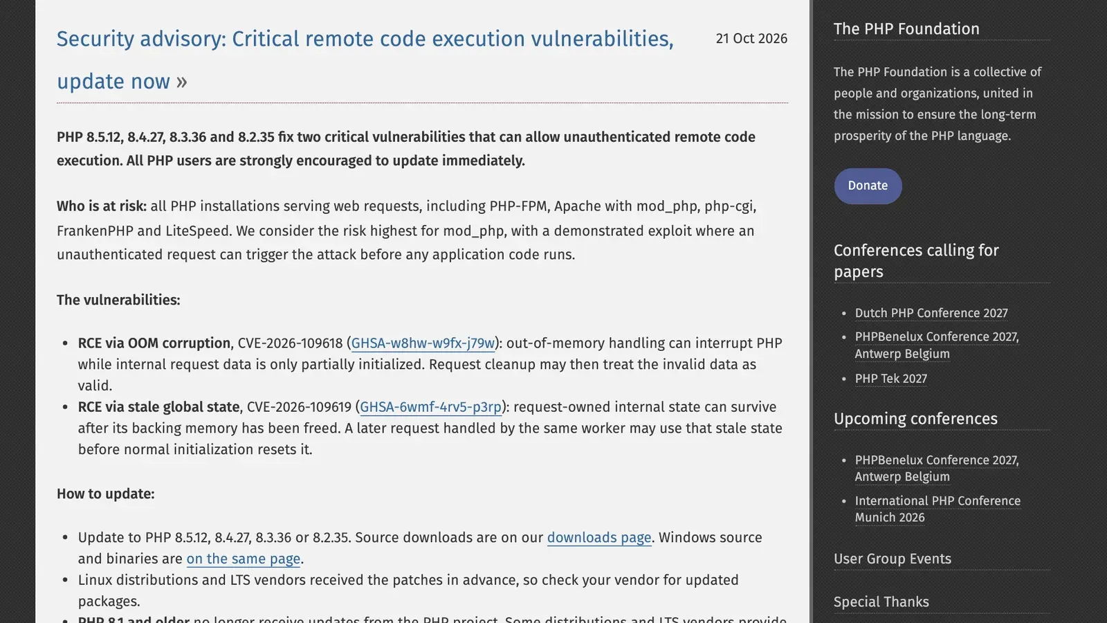 ประกาศ Security advisory ของ php.net วันที่ 21 ตุลาคม 2026 ให้แพตช์ PHP2Shell ในรุ่น 8.5.12, 8.4.27, 8.3.36 และ 8.2.35 ระบุผู้ที่มีความเสี่ยง วิธีอัปเดต และมาตรการชั่วคราว