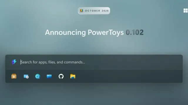 ภาพประกาศ PowerToys 0.102 ของ Microsoft เดือนตุลาคม 2026 แสดงช่องค้นหาและแถบคำสั่งด่วนของ Command Palette