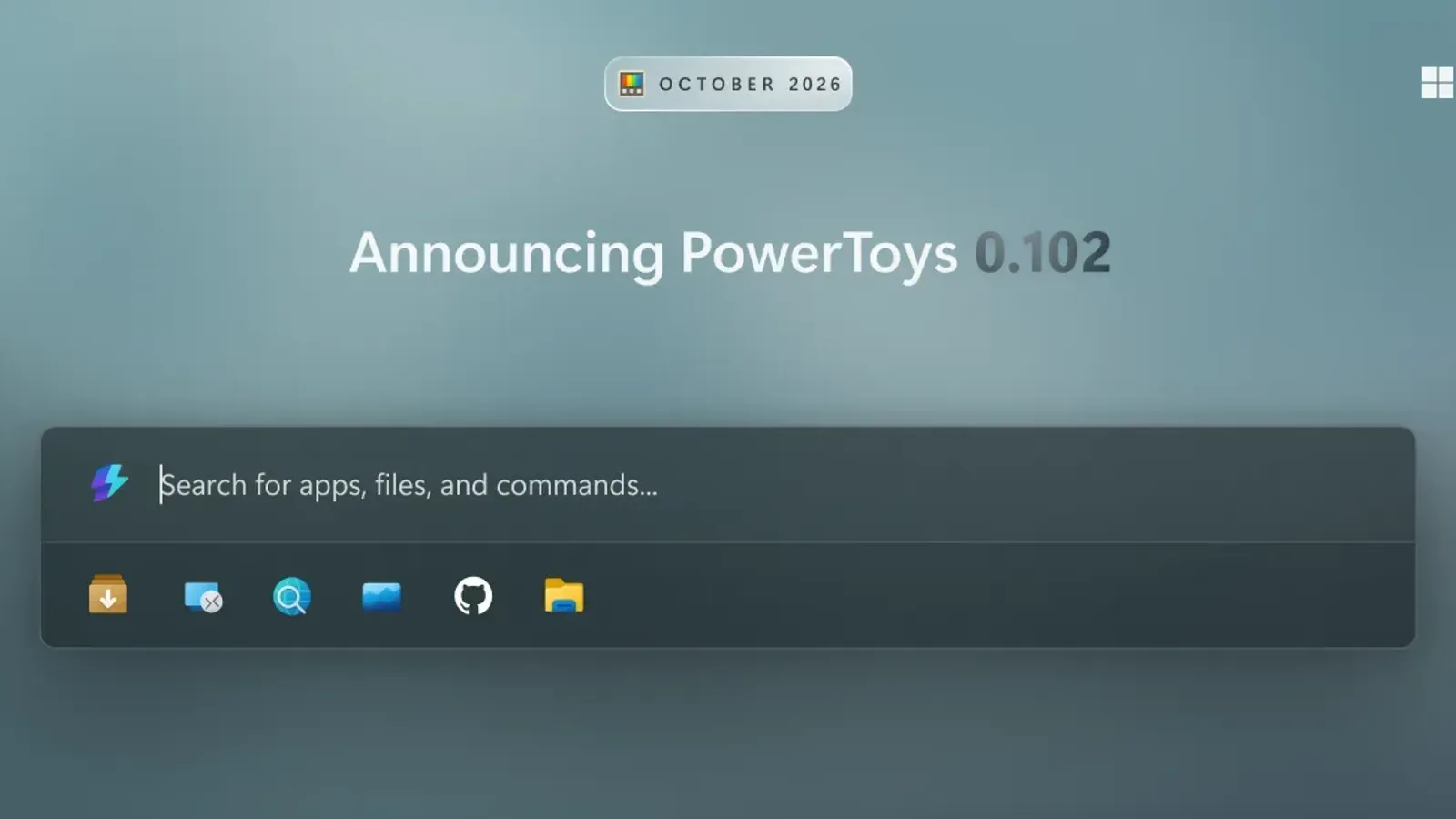 ภาพประกาศ PowerToys 0.102 ของ Microsoft เดือนตุลาคม 2026 แสดงช่องค้นหาและแถบคำสั่งด่วนของ Command Palette