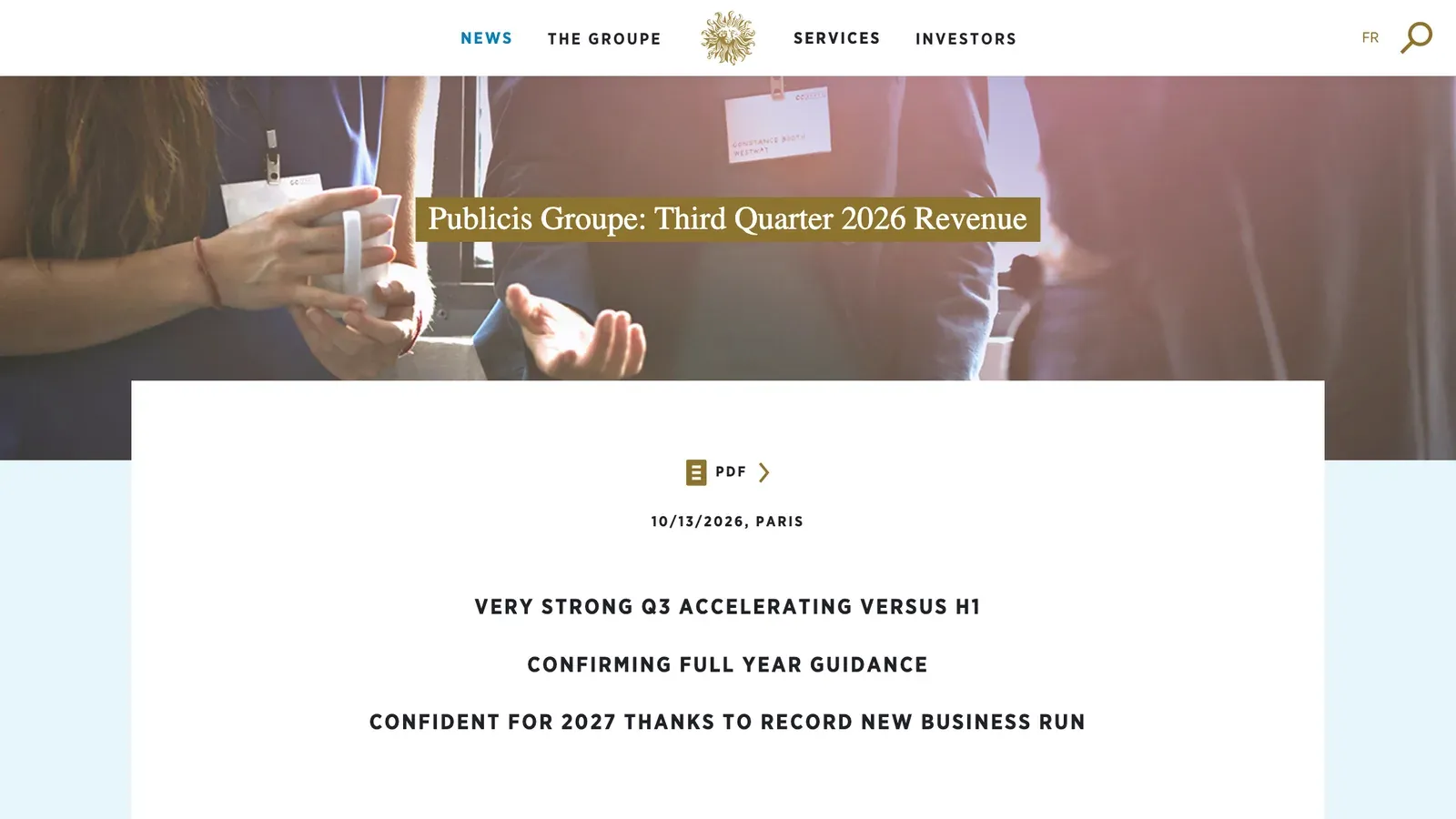 หน้าข่าวผลประกอบการไตรมาส 3 ปี 2026 ของ Publicis Groupe ลงวันที่ 13 ตุลาคม 2026 ระบุการเติบโตแบบออร์แกนิก 5% เร่งขึ้นจากครึ่งปีแรก และการยืนยันเป้าทั้งปี