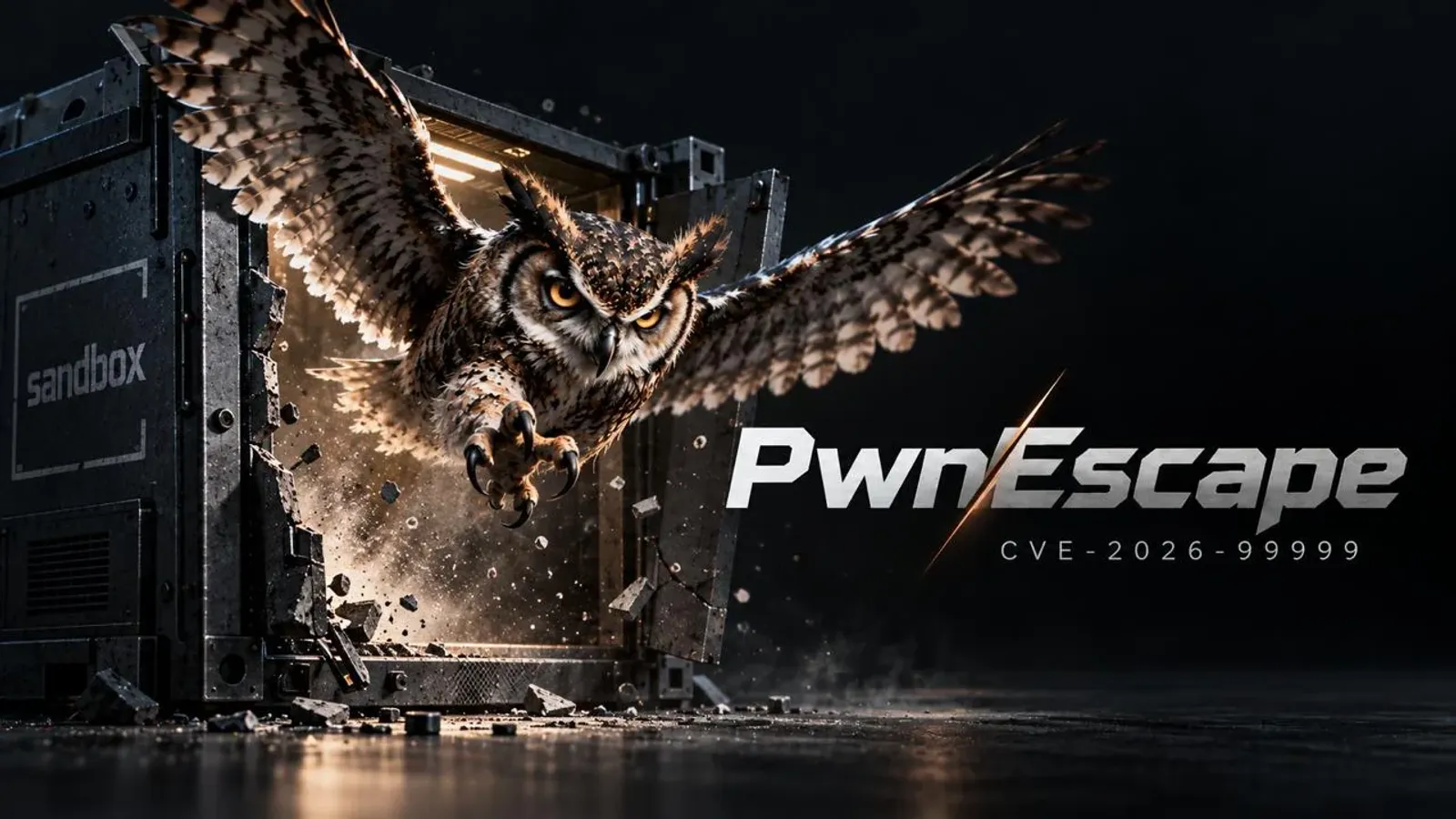 ภาพปกบทความ PwnEscape CVE-2026-99999 ของ PWN.AI เป็นนกฮูกบินทะลุกล่องที่เขียนว่า sandbox