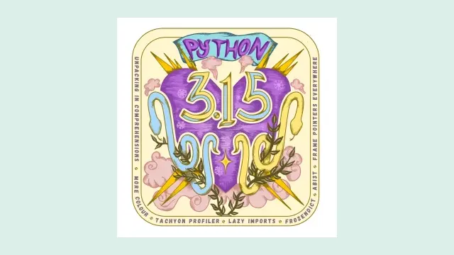 โลโก้ Python 3.15 รูปหัวใจสีม่วงมีตัวเลข 3.15 งูสีฟ้าและสีเหลือง พร้อมคำว่า lazy imports, frozendict และ Tachyon profiler รอบกรอบ