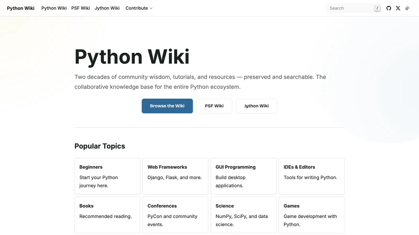 หน้าแรกของ Python wiki เปิดใหม่ที่ wiki.python.org พร้อมปุ่มไปยัง PSF Wiki และ Jython Wiki