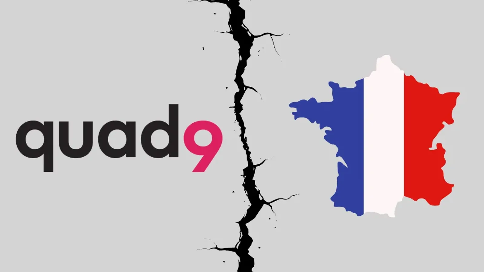 ภาพประกอบประกาศ Quad9 ออกจากฝรั่งเศส: โลโก้ Quad9 กับแผนที่ฝรั่งเศสสีธงชาติ คั่นด้วยรอยแยก