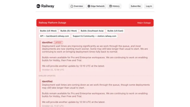 หน้าสถานะ Railway Platform Outage จัดเป็น Major Outage กระทบ Builds ทุกภูมิภาครวม Southeast Asia และ API หลังเหตุ Railway ถูกเจาะระบบ อัปเดตล่าสุด 22 ตุลาคม 2026 เวลา 12:30 UTC