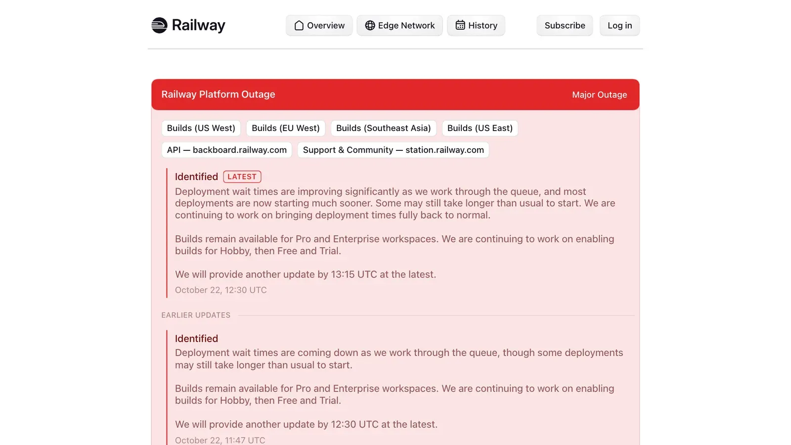 หน้าสถานะ Railway Platform Outage จัดเป็น Major Outage กระทบ Builds ทุกภูมิภาครวม Southeast Asia และ API หลังเหตุ Railway ถูกเจาะระบบ อัปเดตล่าสุด 22 ตุลาคม 2026 เวลา 12:30 UTC