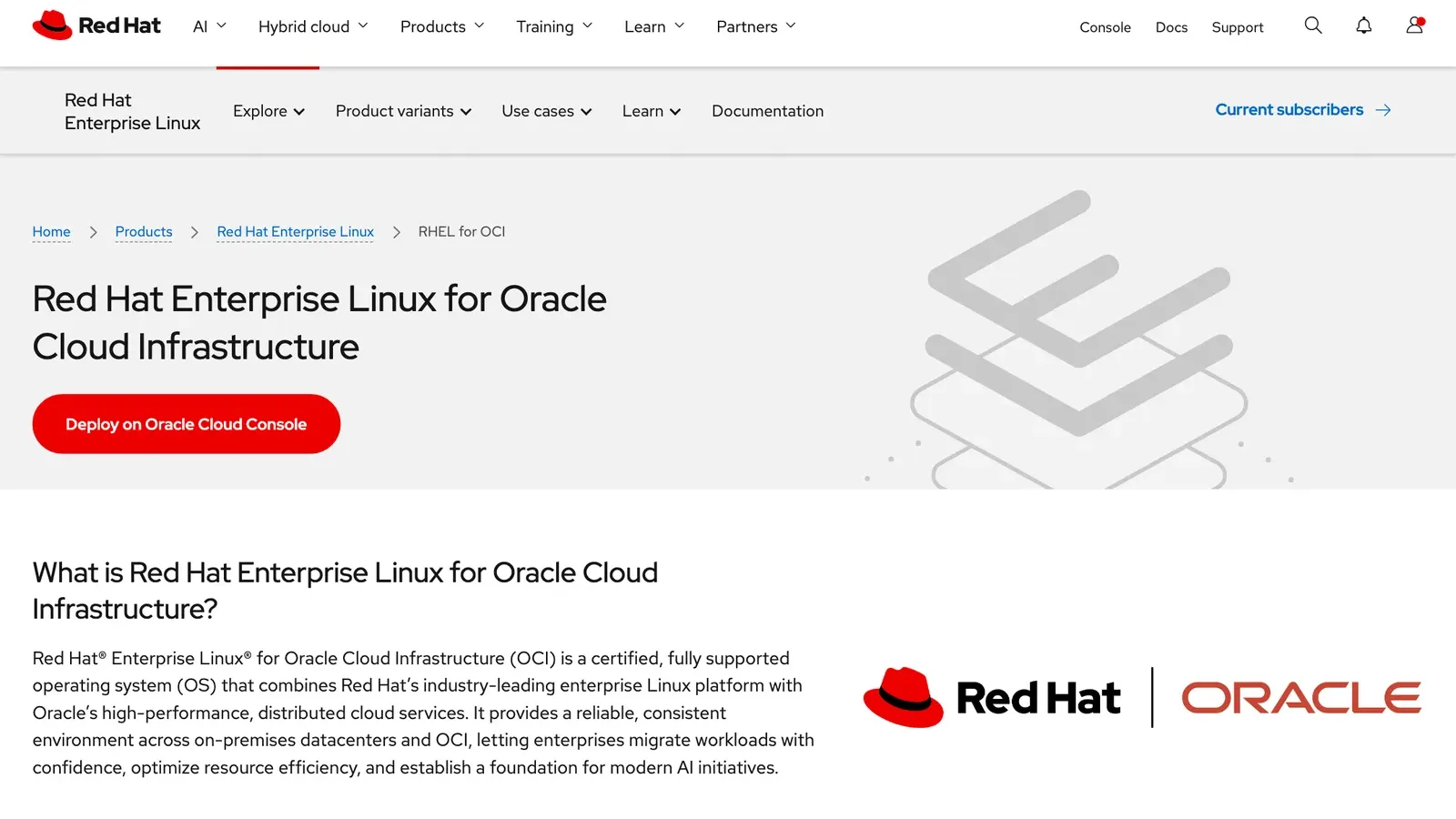 หน้าผลิตภัณฑ์ RHEL for OCI ของ Red Hat หัวข้อ Red Hat Enterprise Linux for Oracle Cloud Infrastructure พร้อมปุ่ม Deploy on Oracle Cloud Console และโลโก้ Red Hat คู่ Oracle
