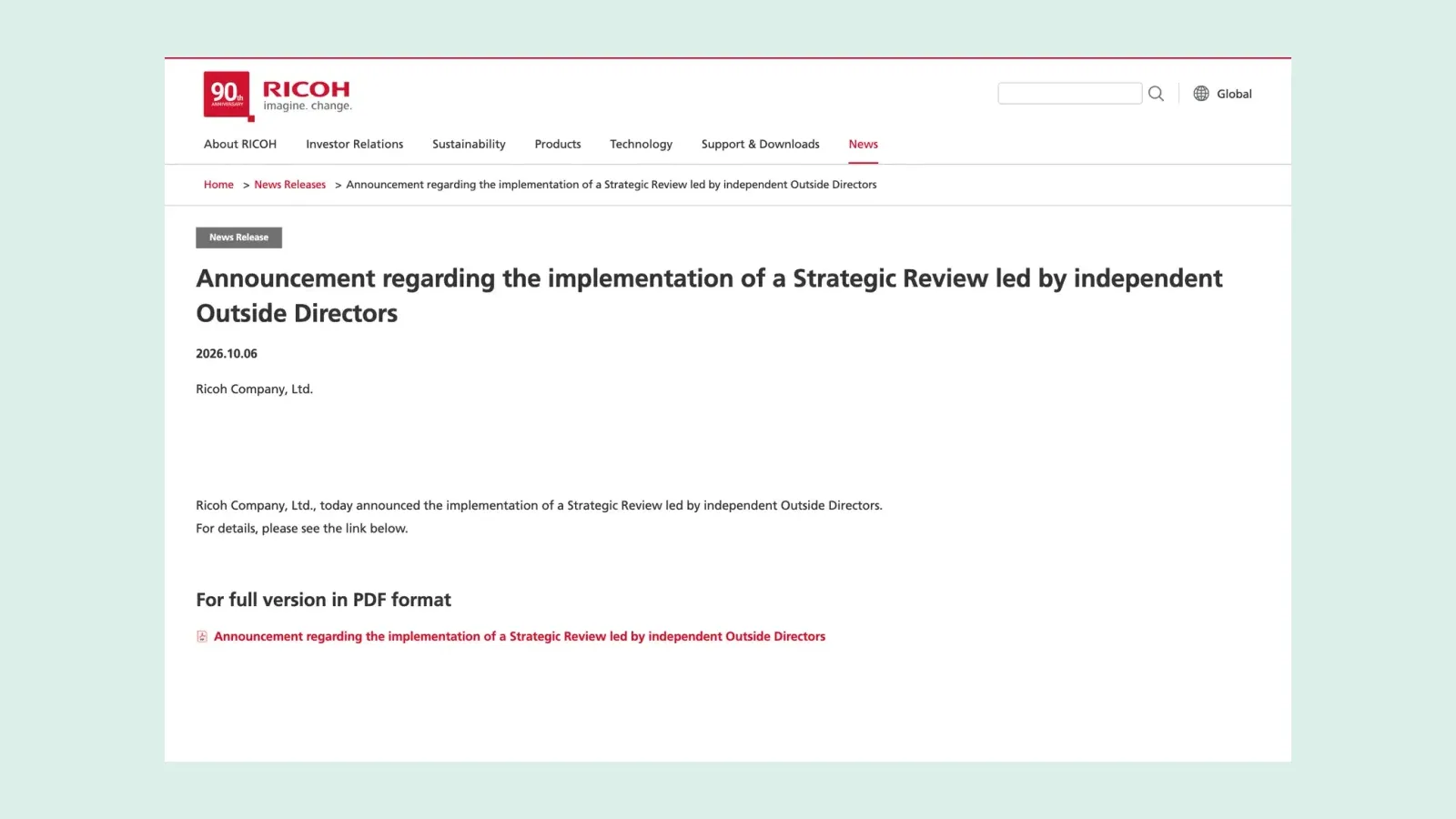 ภาพหน้าจอประกาศของ Ricoh ลงวันที่ 6 ตุลาคม 2026 เรื่องการทำ Strategic Review ที่นำโดยกรรมการอิสระ