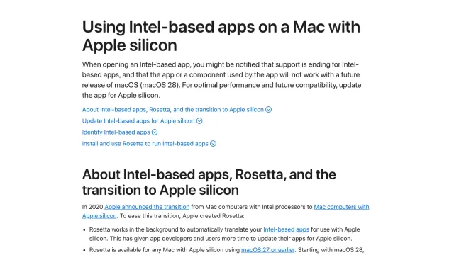 หน้าซัพพอร์ตของ Apple เรื่อง Using Intel-based apps on a Mac with Apple silicon ระบุกำหนด Rosetta macOS 28: Rosetta ใช้ได้บน macOS 27 หรือเก่ากว่า และตั้งแต่ macOS 28 เหลือเฉพาะเกมเก่าบางเกม