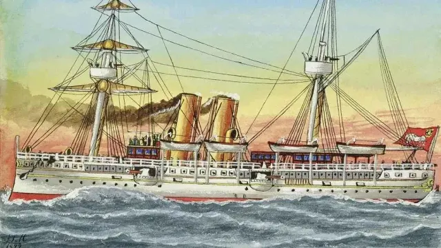ภาพเขียนสีน้ำ เรือพระที่นั่งมหาจักรี ลำที่ 1 โดย James Scott Maxwell ราว ค.ศ. 1892–1893