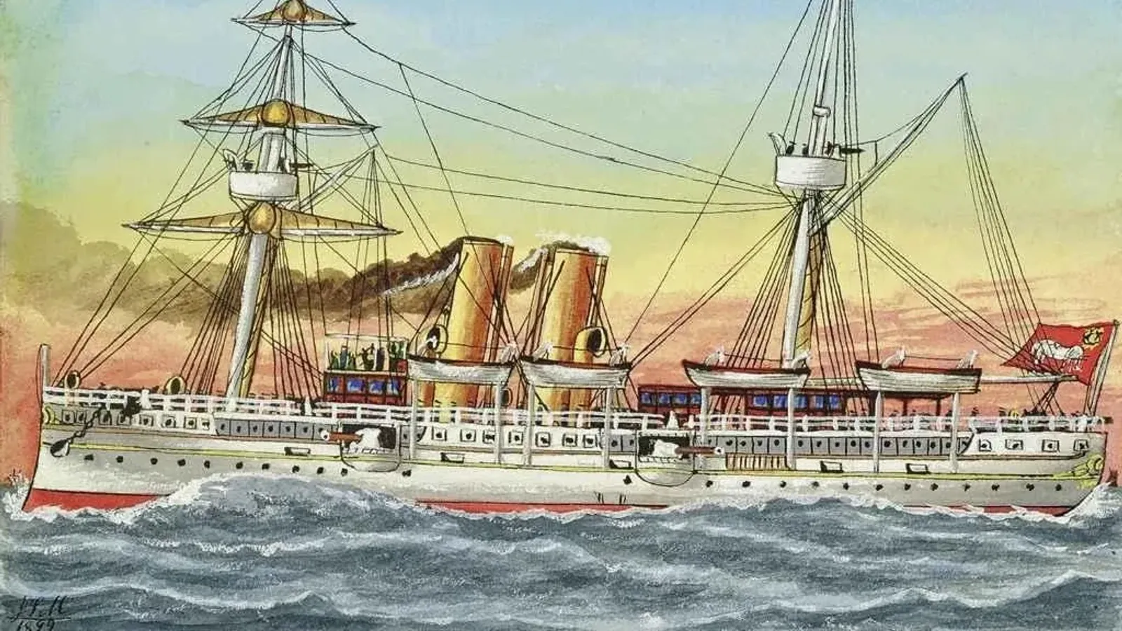 ภาพเขียนสีน้ำ เรือพระที่นั่งมหาจักรี ลำที่ 1 โดย James Scott Maxwell ราว ค.ศ. 1892–1893
