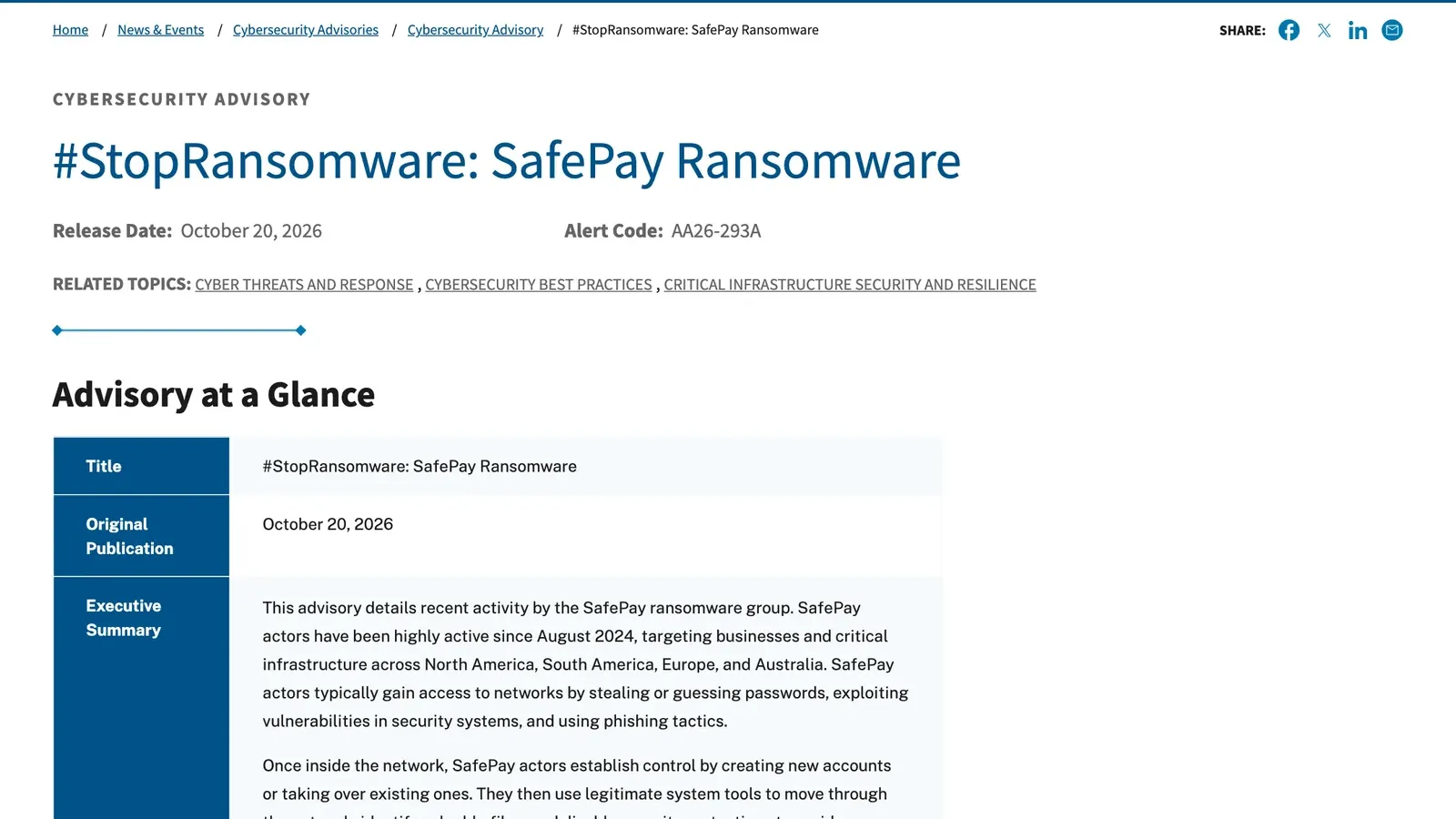 หน้าคำเตือน #StopRansomware: SafePay Ransomware ของ CISA รหัส AA26-293A วันที่เผยแพร่ 20 ตุลาคม 2026 พร้อมบทสรุปว่า SafePay เคลื่อนไหวมาตั้งแต่สิงหาคม 2024