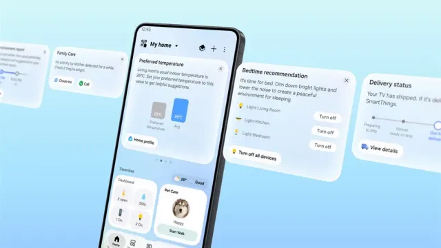 แอป SmartThings บนมือถือกับการ์ด SmartThings Now เช่น อุณหภูมิที่แนะนำ Family Care คำแนะนำก่อนนอน และสถานะการจัดส่ง
