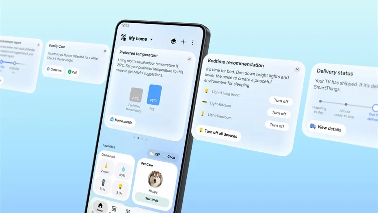 แอป SmartThings บนมือถือกับการ์ด SmartThings Now เช่น อุณหภูมิที่แนะนำ Family Care คำแนะนำก่อนนอน และสถานะการจัดส่ง