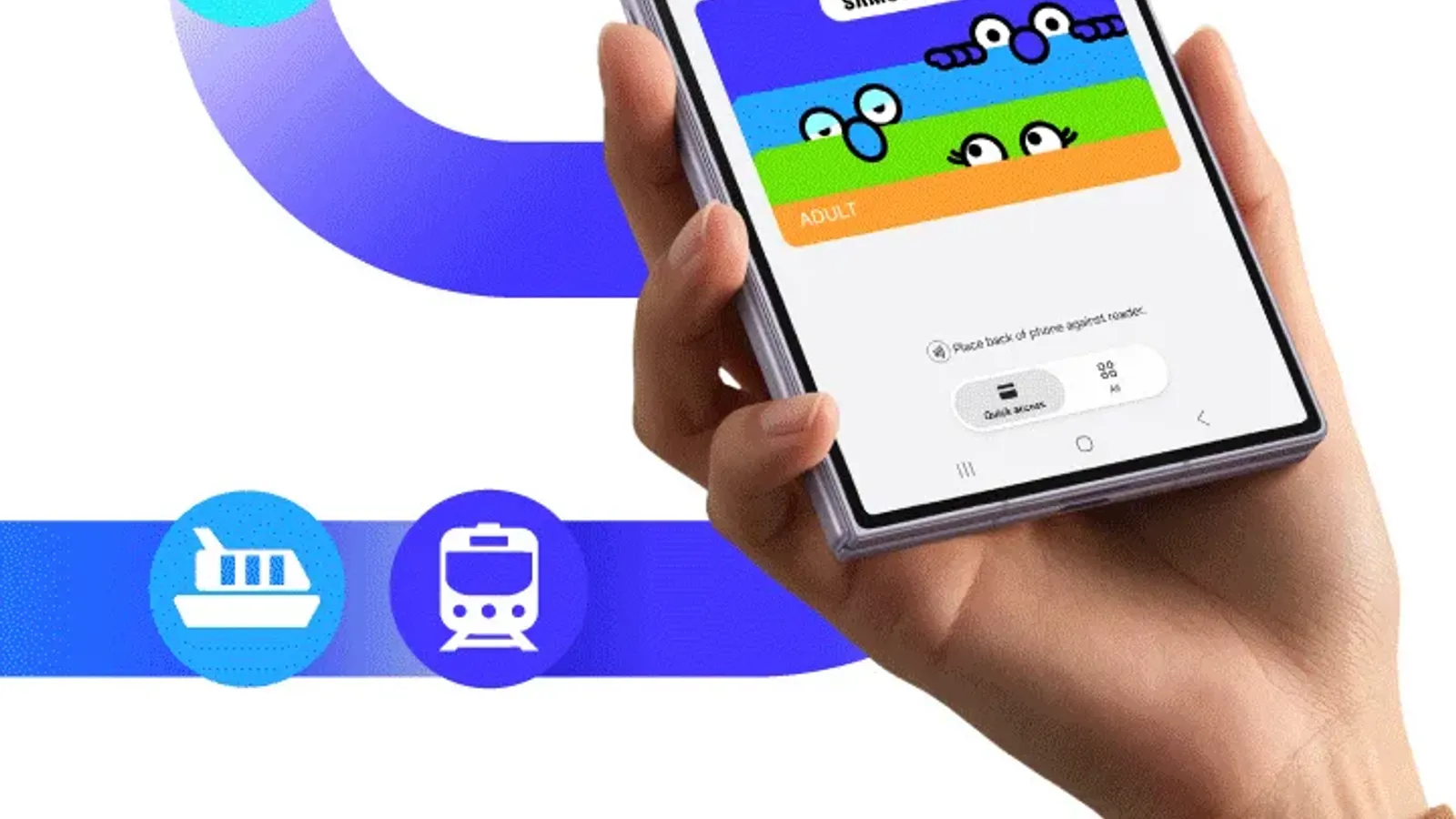 Samsung Wallet Rabbit มือถือ Galaxy แสดงบัตร Samsung Wallet × rabbit พร้อมไอคอนรถไฟฟ้า รถโดยสาร และเรือ