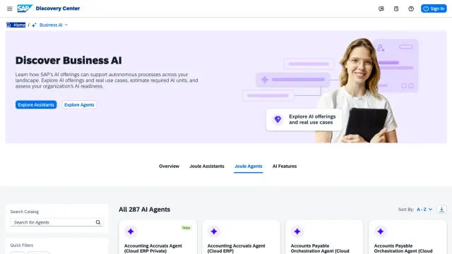หน้า Joule Agents ของ SAP Discovery Center วันที่ 19 ต.ค. 2026 แสดงแคตตาล็อก All 287 AI Agents เช่น Accounting Accruals Agent และ Accounts Payable Orchestration Agent ในกลุ่ม Autonomous Finance ซึ่งรวม SAP AI Agent พาร์ตเนอร์