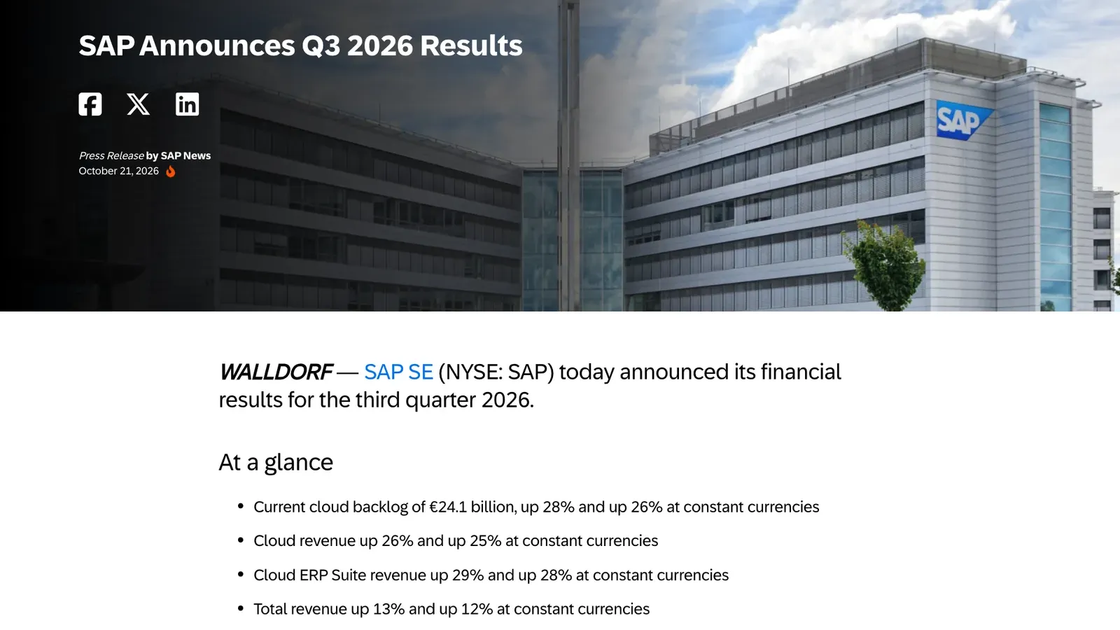 หน้า SAP News Center ประกาศ SAP Announces Q3 2026 Results วันที่ 21 ตุลาคม 2026 พร้อมสรุป current cloud backlog 24.1 พันล้านยูโร รายได้คลาวด์โต 26% และรายได้รวมโต 13%