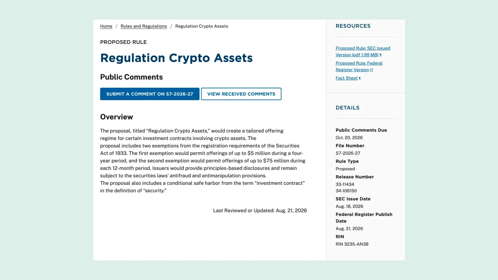 ภาพหน้าจอหน้าร่างกฎ Regulation Crypto Assets บนเว็บไซต์ SEC ระบุวันปิดรับความเห็น 20 ตุลาคม 2026 File No. S7-2026-27 และวันที่ SEC ออกร่าง 18 สิงหาคม 2026