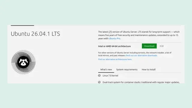 หน้า Get Ubuntu Server ของ ubuntu.com แสดง Ubuntu 26.04.1 LTS เป็นรุ่น LTS ล่าสุดสำหรับ Linux Cloud Server ได้อัปเดตความปลอดภัยฟรี 5 ปี ขยายได้ถึง 15 ปีด้วย Ubuntu Pro