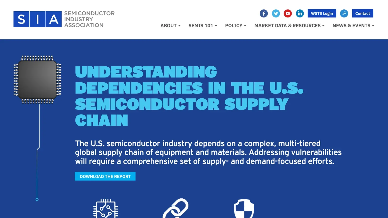 ภาพหน้าจอหน้าเว็บรายงานห่วงโซ่อุปทานชิป Understanding Dependencies in the U.S. Semiconductor Supply Chain ของ Semiconductor Industry Association พร้อมปุ่มดาวน์โหลดรายงาน