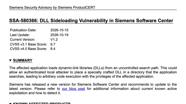 หน้าประกาศ SSA-580366 ของ Siemens ProductCERT เรื่องช่องโหว่ DLL side-loading CVE-2026-110936 ใน Siemens Software Center ออก 15 ตุลาคม 2026 คะแนน CVSS v3.1 6.7 และ CVSS v4.0 8.4 กระทบทุกรุ่นก่อน V4.0.9.8