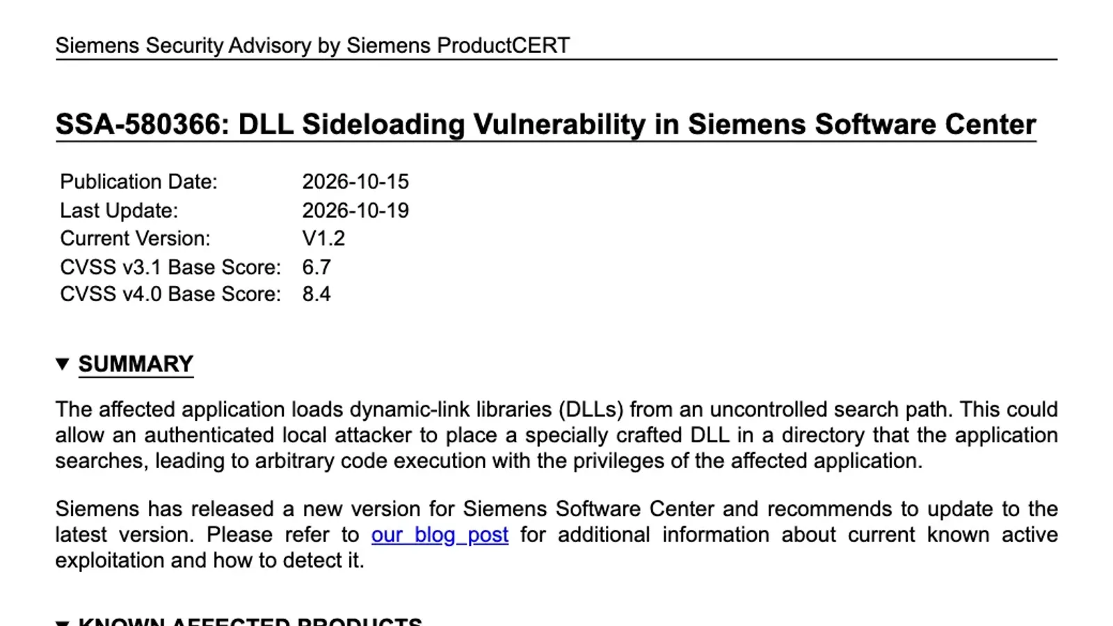 หน้าประกาศ SSA-580366 ของ Siemens ProductCERT เรื่องช่องโหว่ DLL side-loading CVE-2026-110936 ใน Siemens Software Center ออก 15 ตุลาคม 2026 คะแนน CVSS v3.1 6.7 และ CVSS v4.0 8.4 กระทบทุกรุ่นก่อน V4.0.9.8
