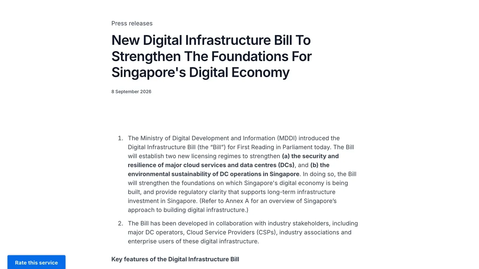 ภาพหน้าจอข่าวประชาสัมพันธ์ของ MDDI ลงวันที่ 8 กันยายน 2026 ประกาศเสนอ Digital Infrastructure Bill เข้าสภาวาระแรก