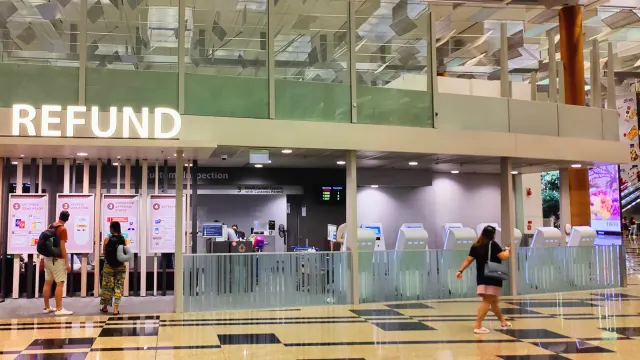 จุด GST Refund ในสนามบินชางงี สิงคโปร์ ป้าย GST REFUND เหนือตู้ eTRS แบบบริการตนเองและเคาน์เตอร์ Customs Inspection สำหรับขอ GST Refund สิงคโปร์ 2026