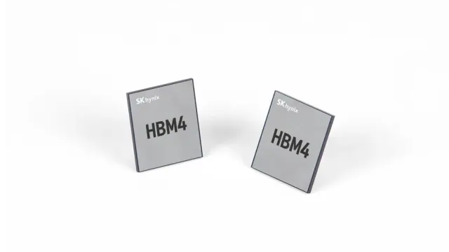 ชิป HBM4 ของ SK hynix สองชิ้นบนพื้นขาว เกี่ยวข้องกับผล SK hynix Q3 2026