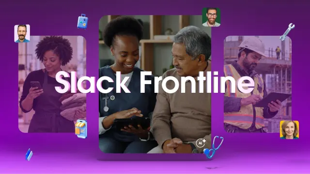 ภาพหลักของ Slack Frontline พนักงานหน้างานในชุดทำงานหลายอาชีพใช้แท็บเล็ตและมือถือ