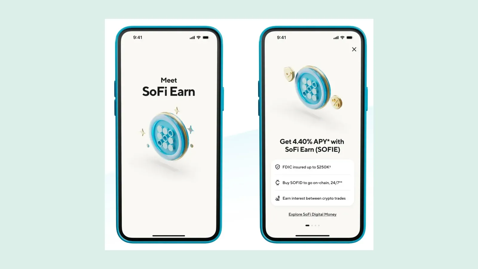 หน้าจอแอป SoFi ที่ใช้ประกอบข่าวเปิดตัว SoFi Earn (SOFIE) แสดงข้อความ Meet SoFi Earn และ Get 4.40% APY with SoFi Earn พร้อมประกัน FDIC สูงสุด 250,000 ดอลลาร์สหรัฐ
