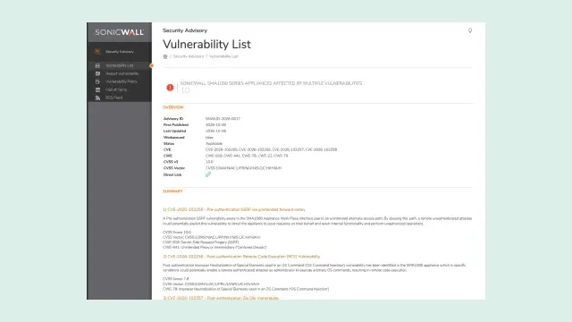 หน้าประกาศ SNWLID-2026-0017 ของ SonicWall PSIRT เรื่องช่องโหว่ SMA1000 หลายรายการ เผยแพร่ 6 ตุลาคม 2026 คะแนน CVSS 10.0 และ CVE-2026-102255 ถึง CVE-2026-102258