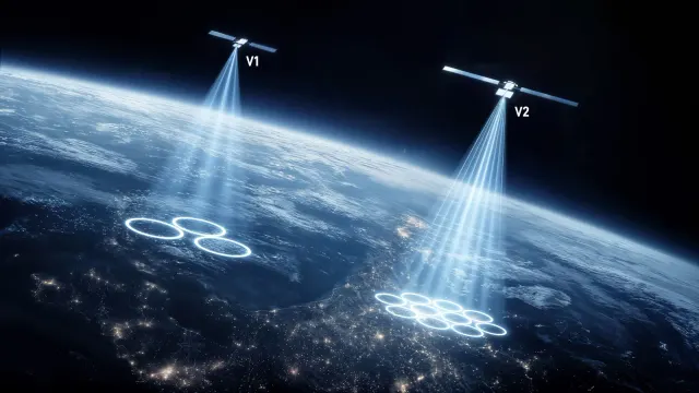ภาพประกอบของ SpaceX แสดงดาวเทียม Starlink Mobile รุ่น V1 และ V2 ส่งลำสัญญาณลงพื้นโลก โดยรุ่น V2 มีวงสัญญาณบนพื้นมากกว่า