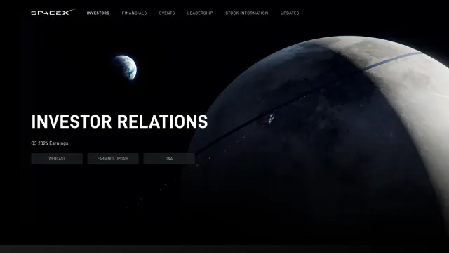 หน้า Investor Relations ของ SpaceX ที่ ir.spacex.com แสดงหัวข้อ Q3 2026 Earnings พร้อมปุ่ม Webcast, Earnings Update และ Q&A