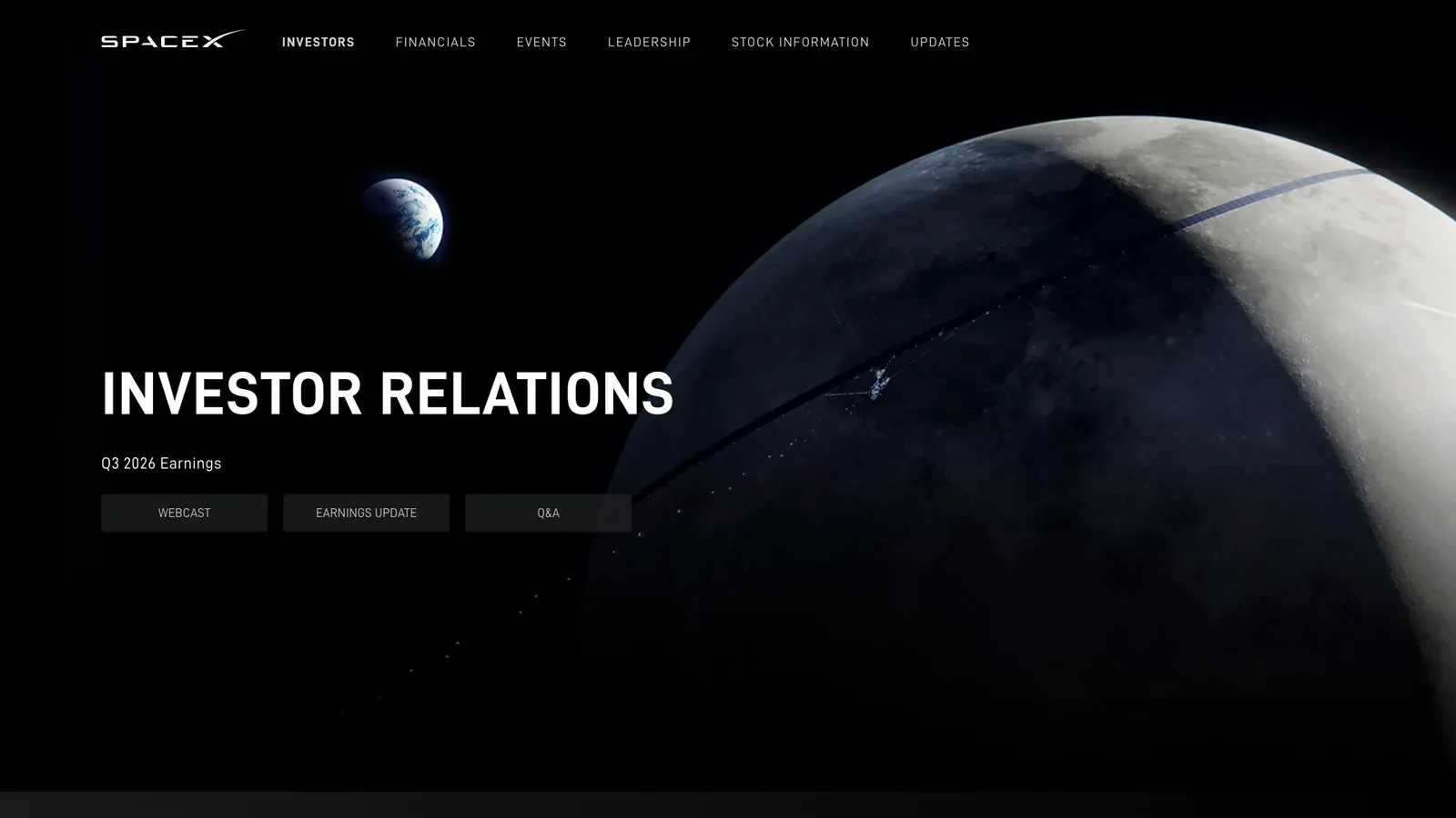 หน้า Investor Relations ของ SpaceX ที่ ir.spacex.com แสดงหัวข้อ Q3 2026 Earnings พร้อมปุ่ม Webcast, Earnings Update และ Q&A