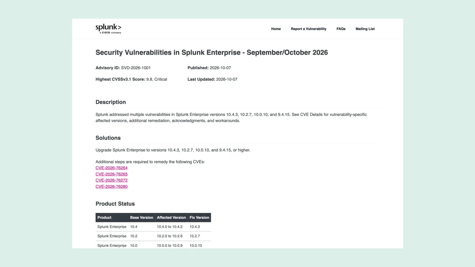 หน้าประกาศ SVD-2026-1001 ของ Splunk เรื่องช่องโหว่ใน Splunk Enterprise เผยแพร่ 7 ตุลาคม 2026 คะแนน CVSS สูงสุด 9.8 Critical และให้อัปเดตเป็น 10.4.3, 10.2.7, 10.0.10 และ 9.4.15