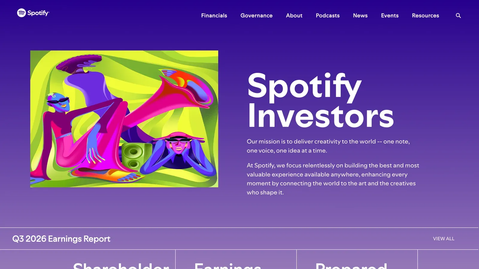 หน้าเว็บ Spotify Investors ส่วน Q3 2026 Earnings Report มีลิงก์ Shareholder Deck, Earnings Webcast และ Prepared Remarks ของผล Spotify Q3 2026