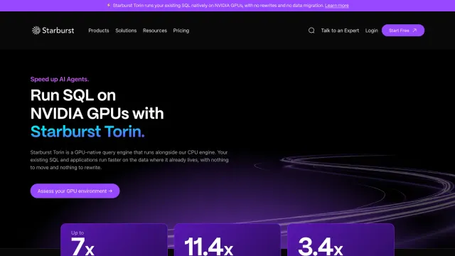 หน้าผลิตภัณฑ์ Starburst Torin ข้อความ Run SQL on NVIDIA GPUs with Starburst Torin พร้อมตัวเลข 7x เร็วขึ้นใน TPC-H, 11.4x สำหรับคิวรีที่เร็วที่สุด และ 3.4x บน ClickBench