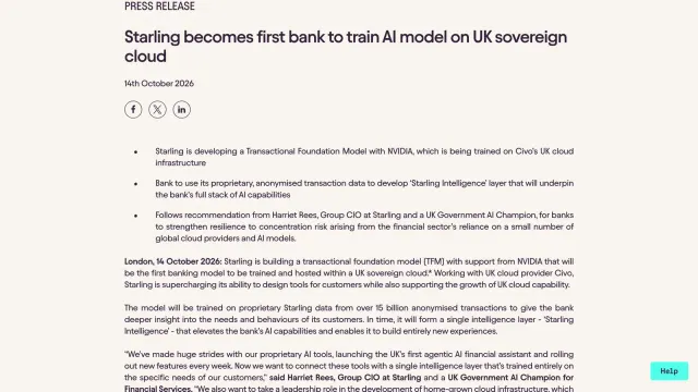 ภาพหน้าจอประกาศ Starling sovereign cloud ของ Starling Bank วันที่ 14 ตุลาคม 2026 เรื่องเป็นธนาคารแรกที่ฝึกโมเดล AI บนคลาวด์อธิปไตยของสหราชอาณาจักร