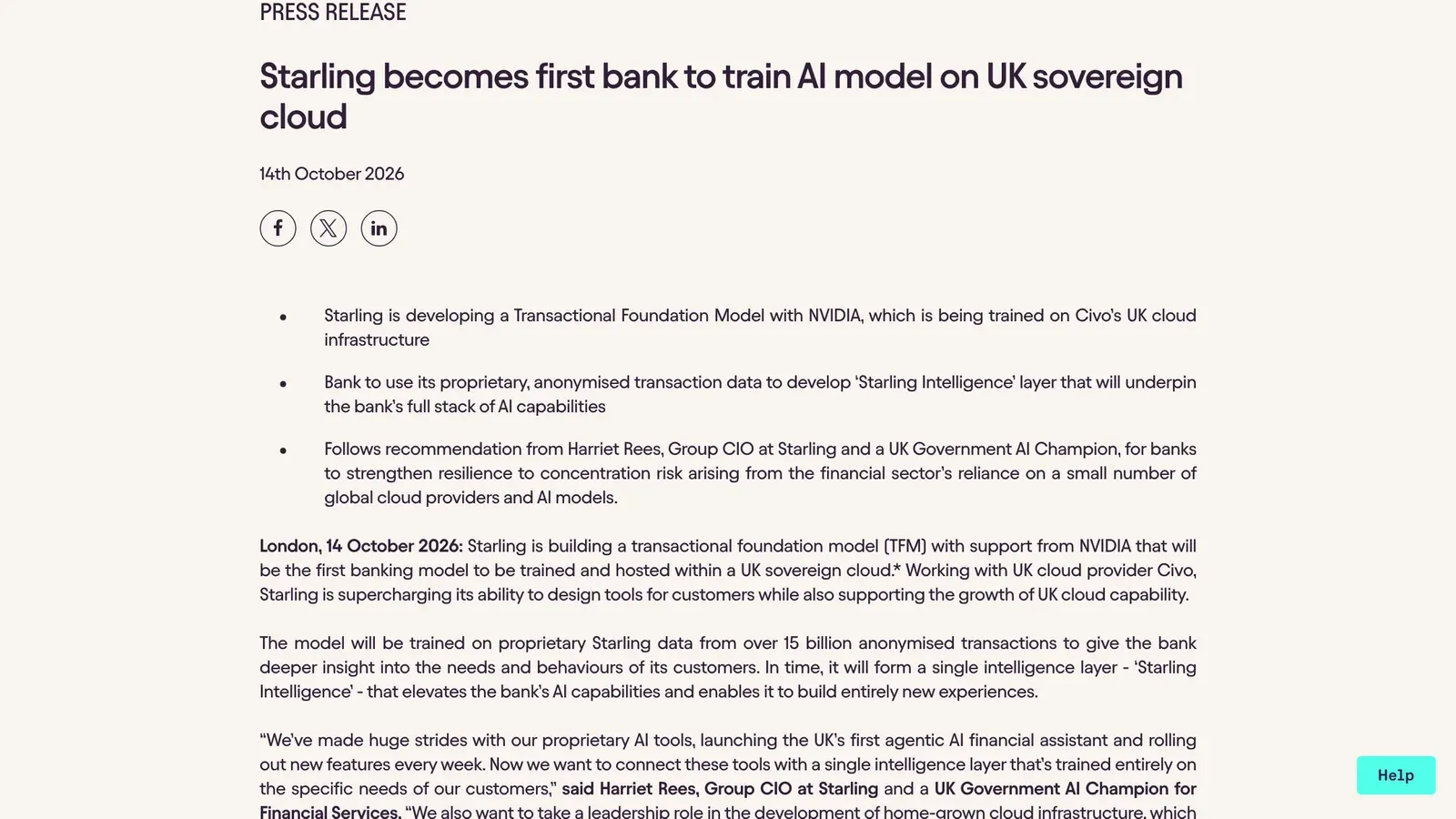 ภาพหน้าจอประกาศ Starling sovereign cloud ของ Starling Bank วันที่ 14 ตุลาคม 2026 เรื่องเป็นธนาคารแรกที่ฝึกโมเดล AI บนคลาวด์อธิปไตยของสหราชอาณาจักร
