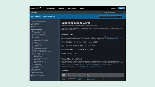 ภาพหน้าจอหน้า Upcoming Steam Events ของ Steamworks ณ 22 ตุลาคม 2026 แสดงวัน Winter Sale 2026 และ Steam Scream Fest 2026 (Steam Scream V) 26 ต.ค.–2 พ.ย.