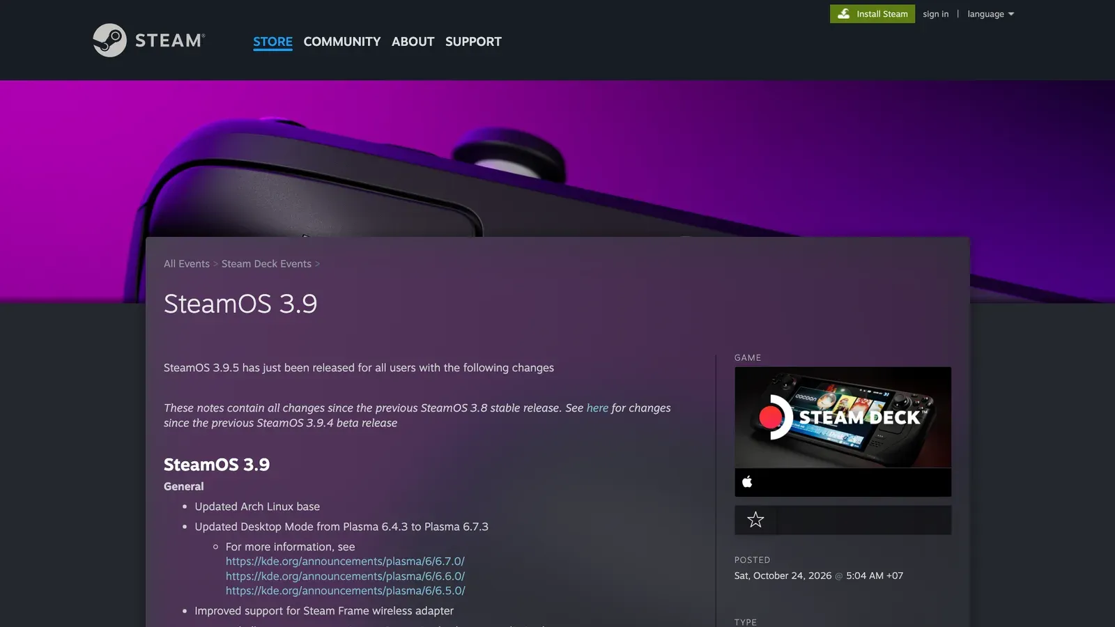 SteamOS 3.9: ประกาศบนหน้าข่าว Steam Deck ว่า SteamOS 3.9.5 ปล่อยให้ผู้ใช้ทุกคนแล้ว พร้อมรายการเปลี่ยนแปลง
