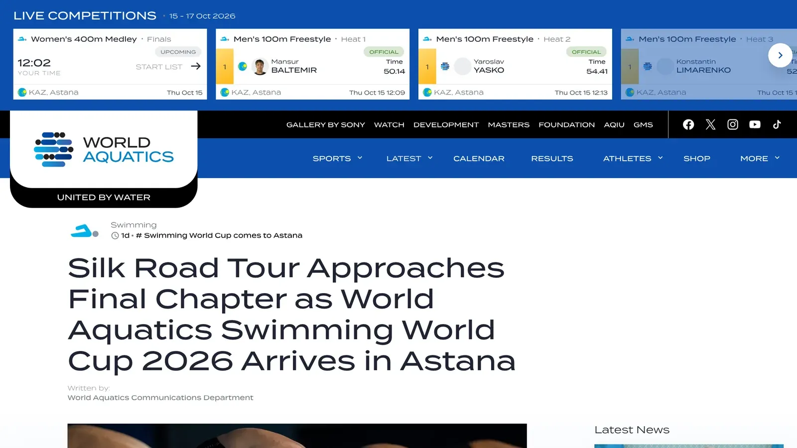 ภาพหน้าจอข่าว World Aquatics หัวข้อ Silk Road Tour Approaches Final Chapter as World Aquatics Swimming World Cup 2026 Arrives in Astana พร้อมแถบผลสดรอบคัดเลือกที่อัสตานา 15 ตุลาคม 2026