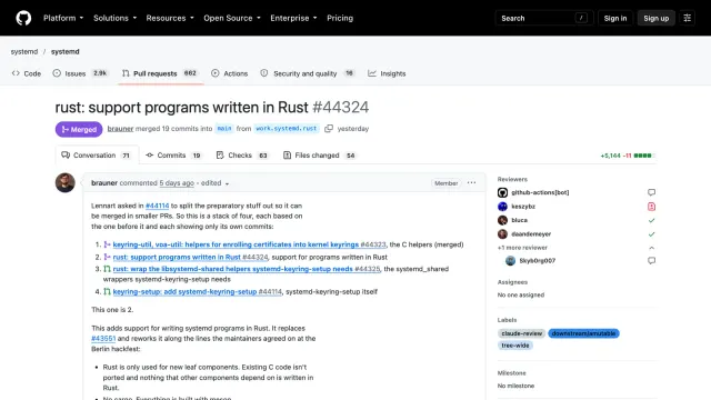 systemd Rust: หน้า pull request 44324 ของ systemd สถานะ Merged หัวข้อ rust: support programs written in Rust