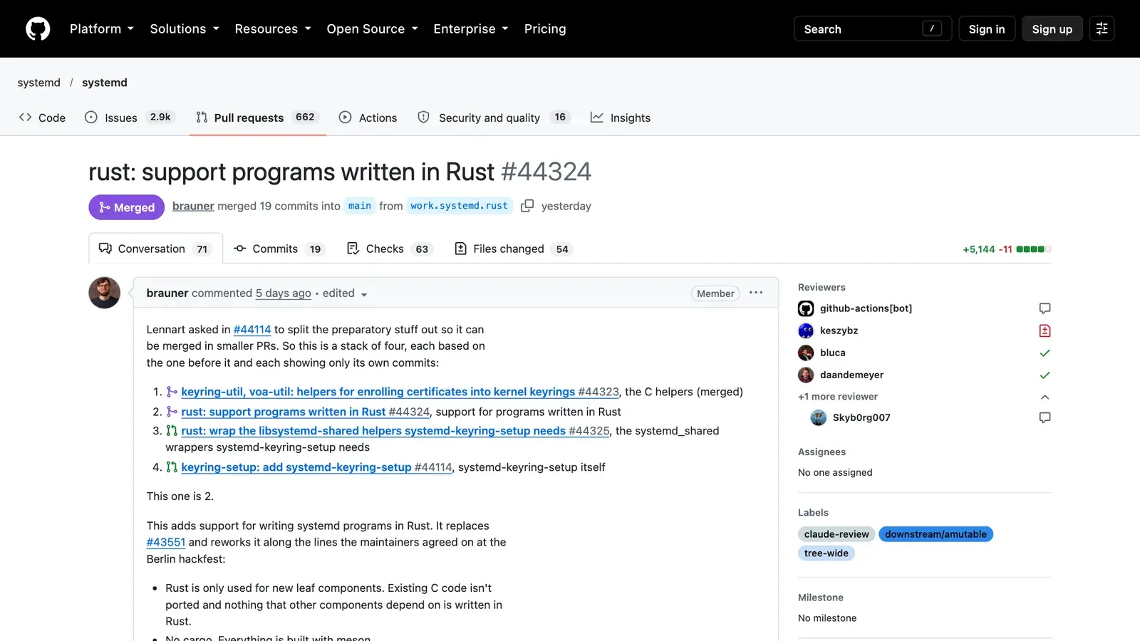 systemd Rust: หน้า pull request 44324 ของ systemd สถานะ Merged หัวข้อ rust: support programs written in Rust