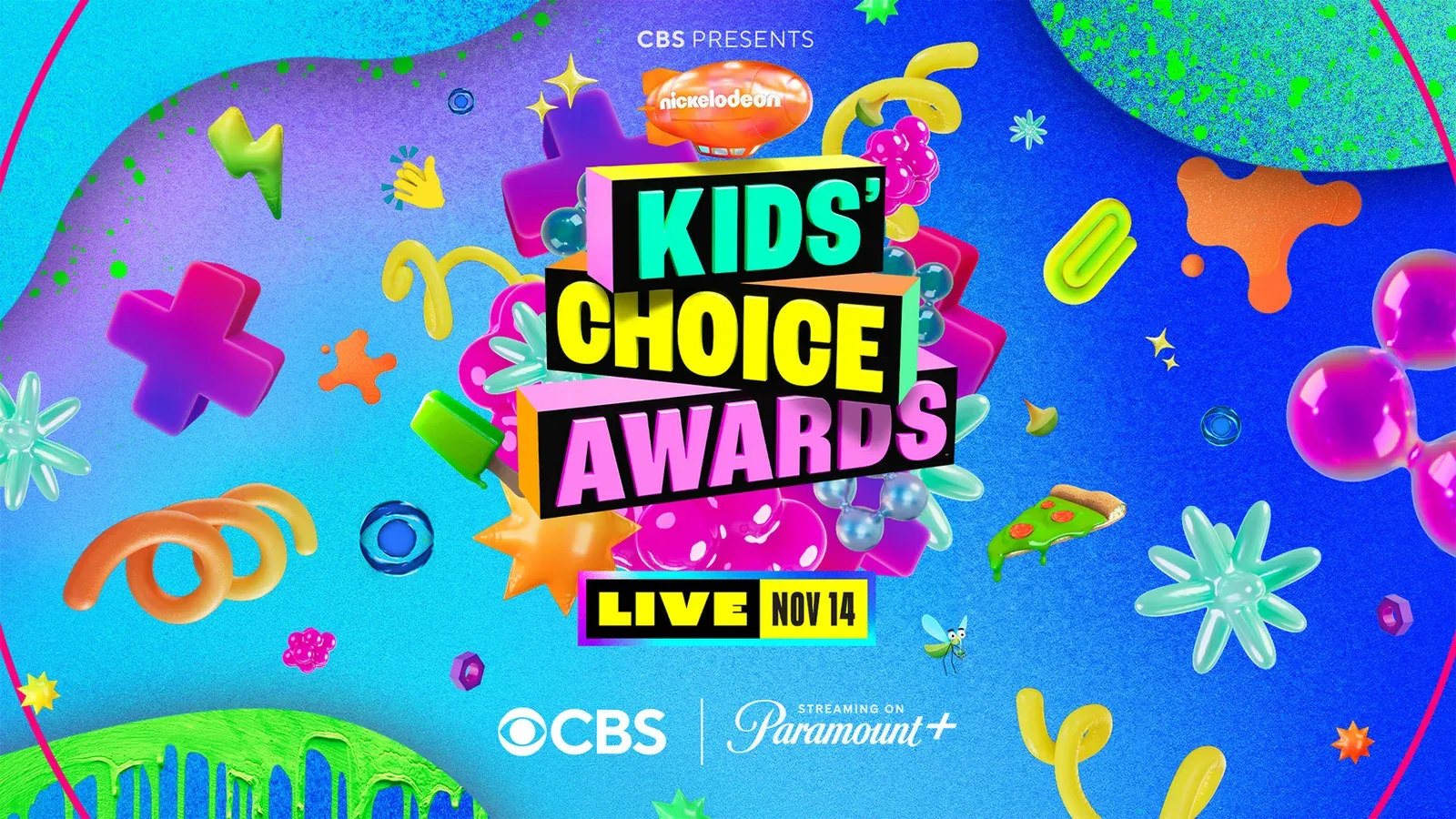 ภาพโปสเตอร์ทางการของ Kids' Choice Awards 2026 โลโก้ Nickelodeon บนพื้นสีฟ้าและม่วง ระบุถ่ายทอดสด 14 พฤศจิกายน ทาง CBS และสตรีมบน Paramount+