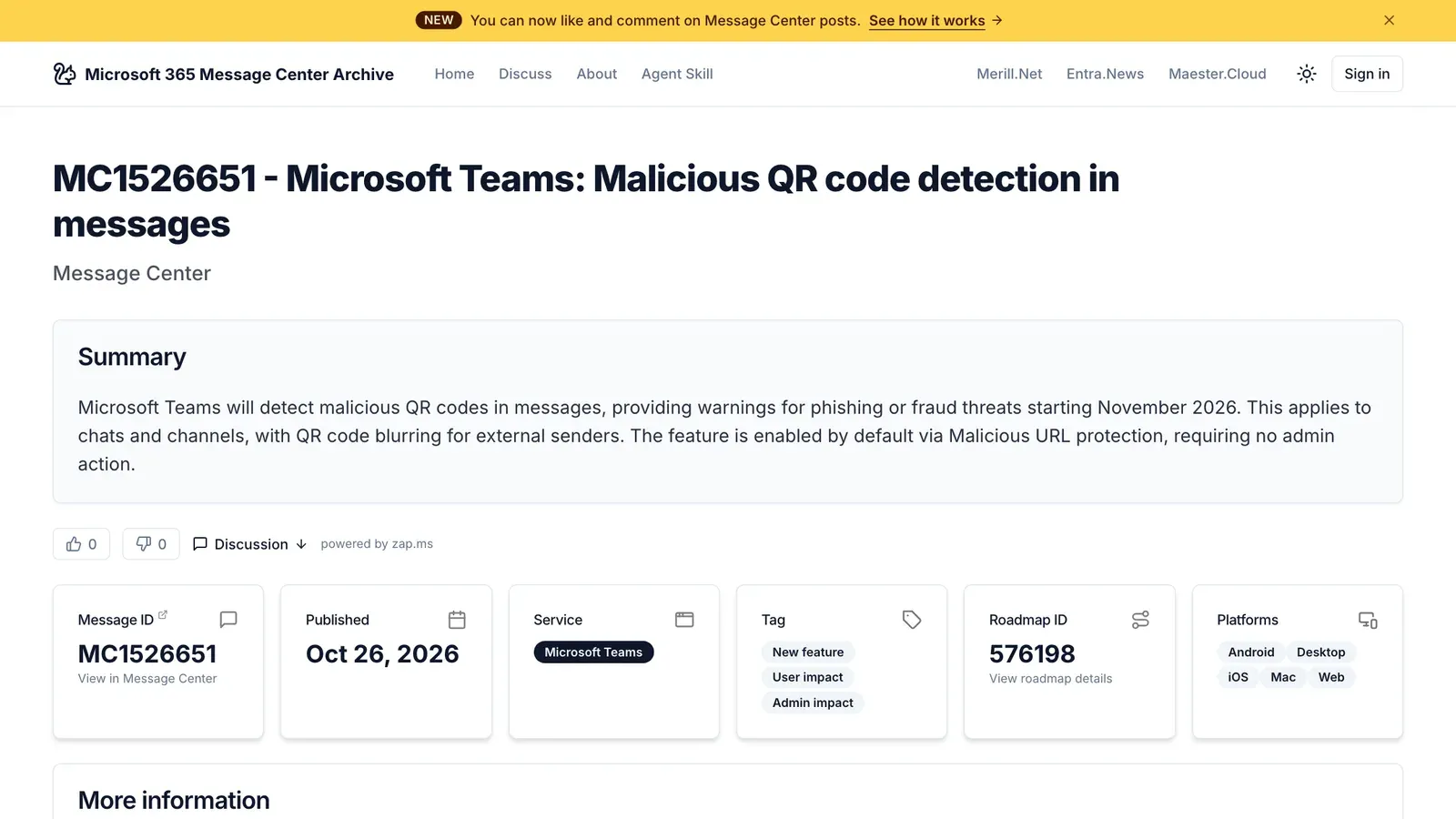 ข้อความ MC1526651 Microsoft Teams: Malicious QR code detection in messages เผยแพร่ 26 ตุลาคม 2026 ระบุว่า Teams ตรวจ QR code อันตรายในข้อความ เปิดใช้ต้นถึงกลางเดือนพฤศจิกายน 2026