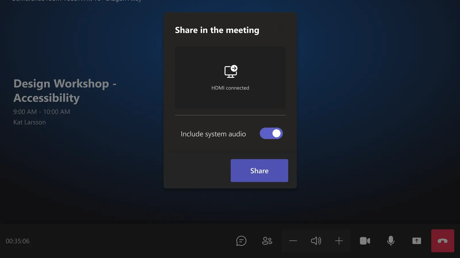 หน้าจอ Share in the meeting บน Teams Rooms ขึ้นสถานะ HDMI connected พร้อมตัวเลือก Include system audio หนึ่งในฟีเจอร์ที่วางแผนไว้สำหรับการประชุมข้ามค่ายระหว่าง Teams Rooms กับ Zoom