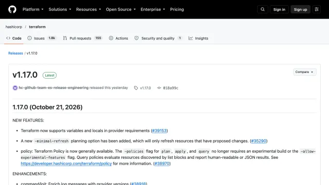 หน้า GitHub Release ของ Terraform 1.17.0 ลงวันที่ 21 ตุลาคม 2026 แสดงฟีเจอร์ใหม่ ตัวแปรใน provider requirements, -minimal-refresh และ Terraform Policy