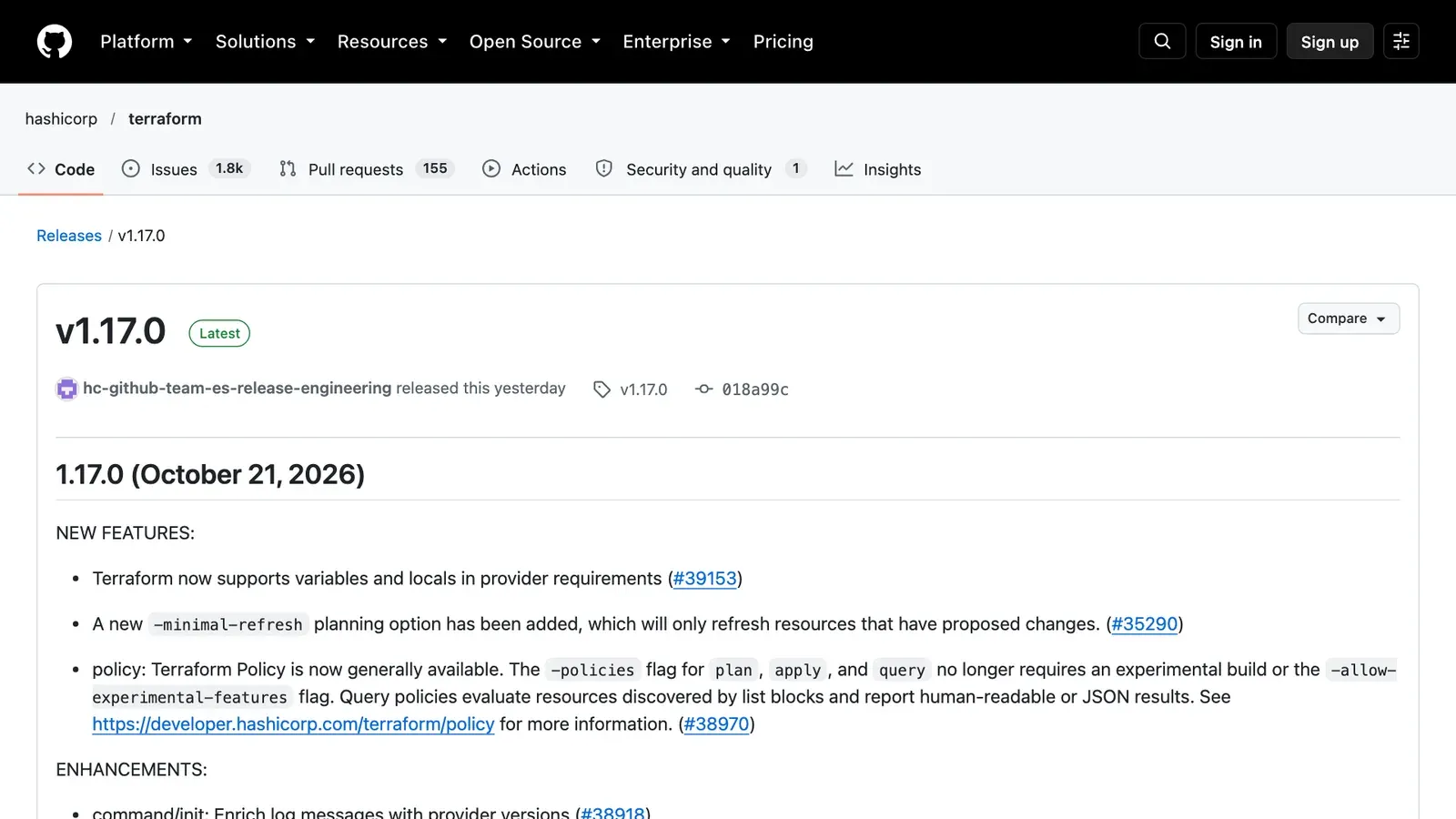 หน้า GitHub Release ของ Terraform 1.17.0 ลงวันที่ 21 ตุลาคม 2026 แสดงฟีเจอร์ใหม่ ตัวแปรใน provider requirements, -minimal-refresh และ Terraform Policy